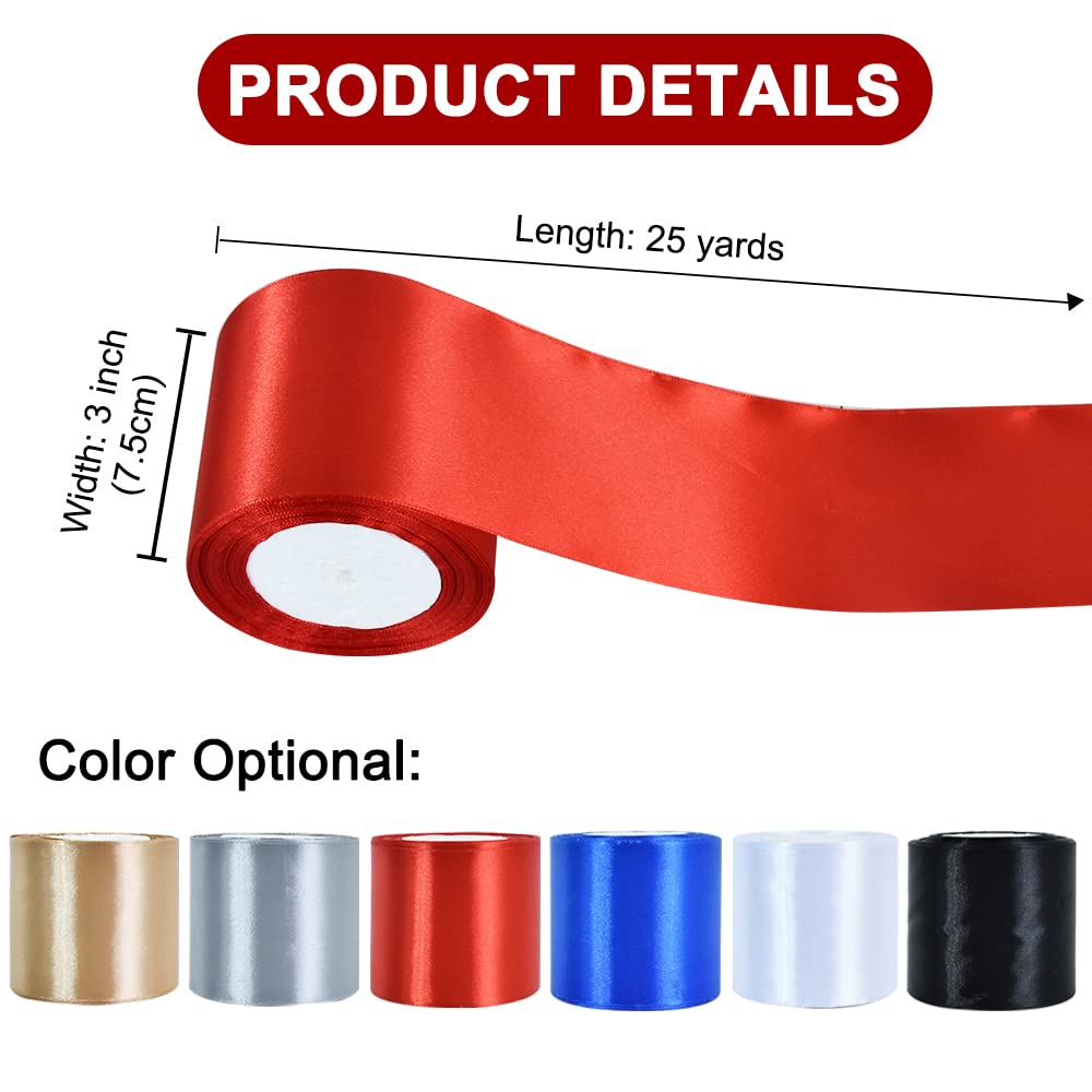 TONIFUL Red Satin Ribbon 3 Inch X 25yds Solid Silk Ribbons for Gift Wrapping Craft, Floral Bouquets - Image 2