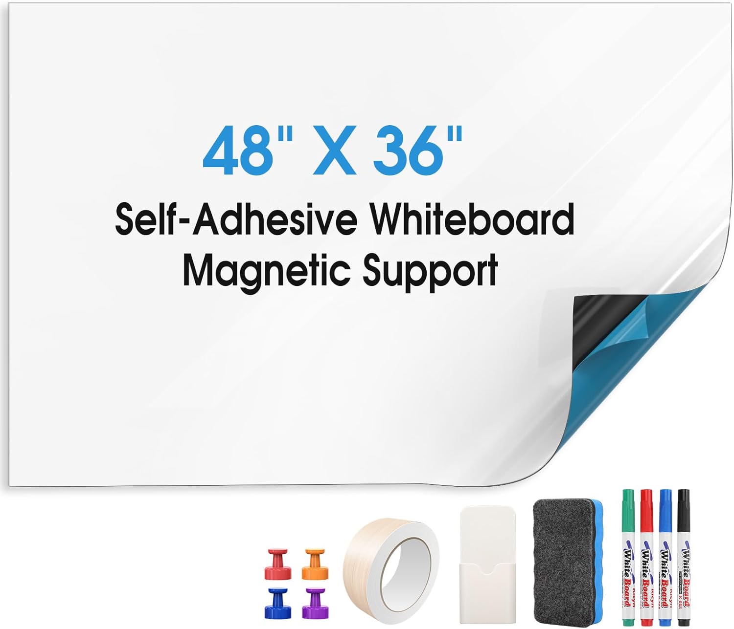 MaxGear 48" x 36" Whiteboard Sticker for Wall – Magnetic Dry Erase Board with Markers & Eraser, Easy to Write & Clean, for Kids, Home, Office, Classroom Use 48‘’ x 36‘’