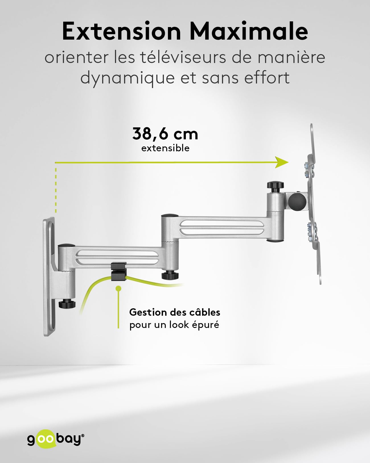 goobay Support TV Mural Camping-Car 13-43 Pouces Bras Extra Long 38 cm Orientable 180° VESA 200x200 Jusqu'à 15 kg - Orientation Totale M - 71989