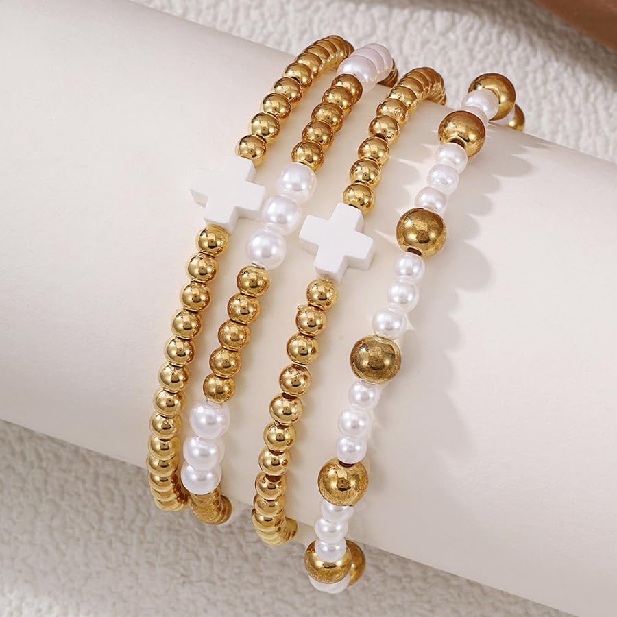 Gold Beaded Cross Bracelets for Women Dainty Pearl Cross Bead Bracelet Stack Layering Stackable Stretch Beaded Jewelry Costume Accessories - Image 5