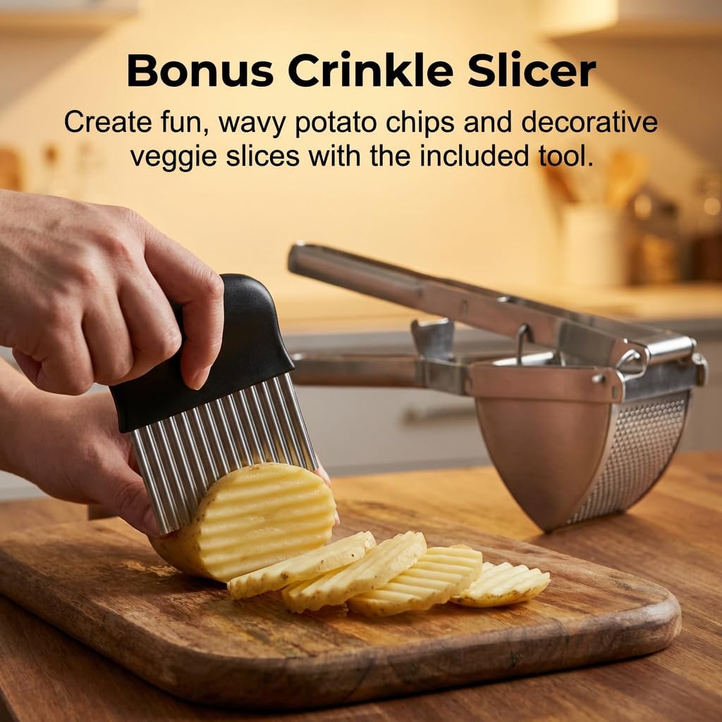 Potato Ricer and Masher, Come with Crinkle Potato Slicer, 2026 New Heavy Duty Food Masher, Ergonomic Comfort Grip, Extra Large Capacity, Dishwasher Safe (3)