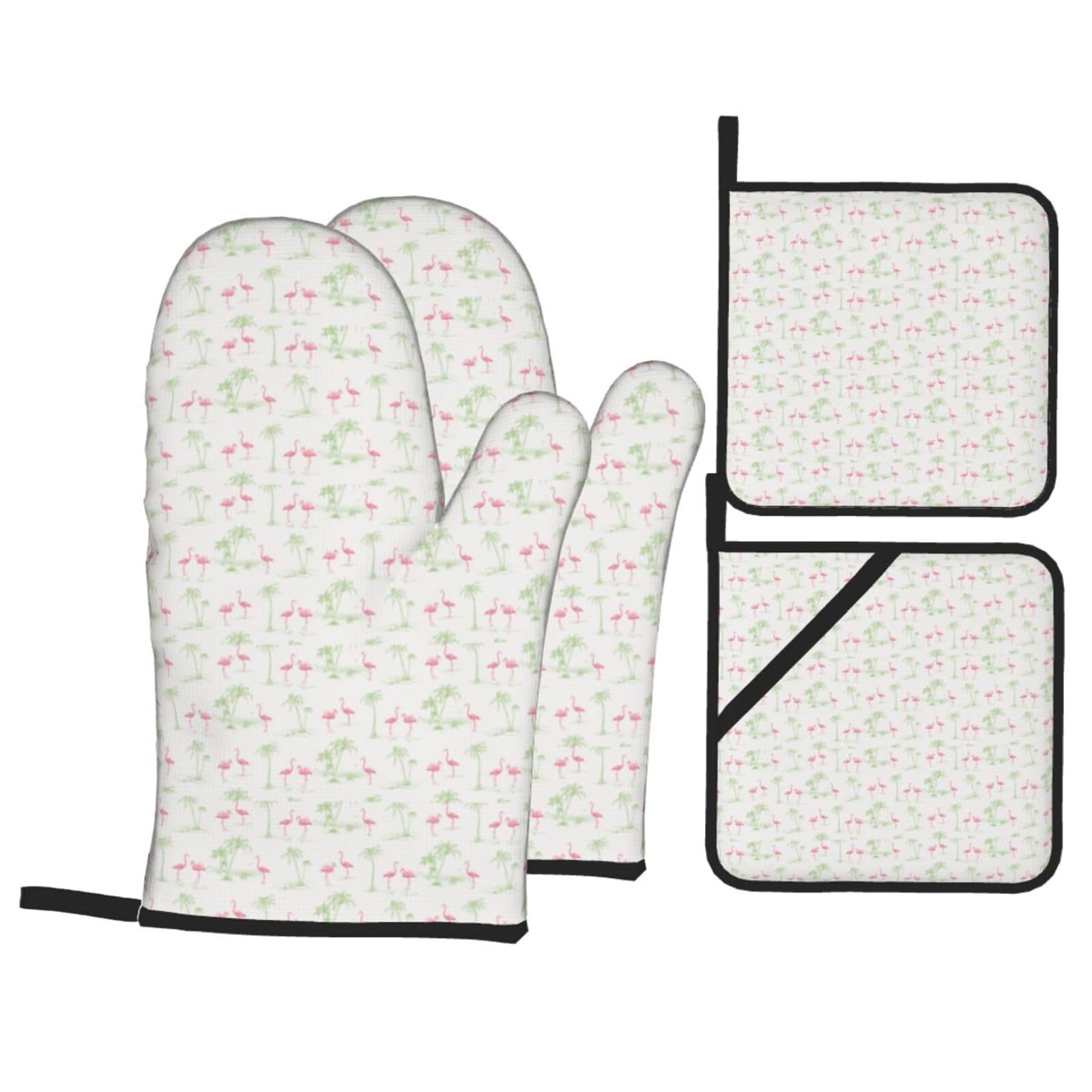 Red Flamingos Print Stylish Heat-Resistant Oven 4-Piece Set Kitchen Gloves Roasting Daily Cooking