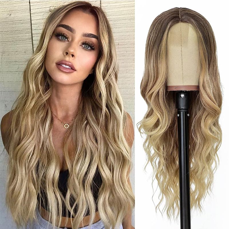 Long Wavy Wigs for Women Ombre Blonde Curly Wig Middle Part Lace Wig Natural Looking Premium Protein Fiber Hair Replacement Wig for Daily Party Use Cosplay Costume Halloween Wig (Golden, 26 inch)