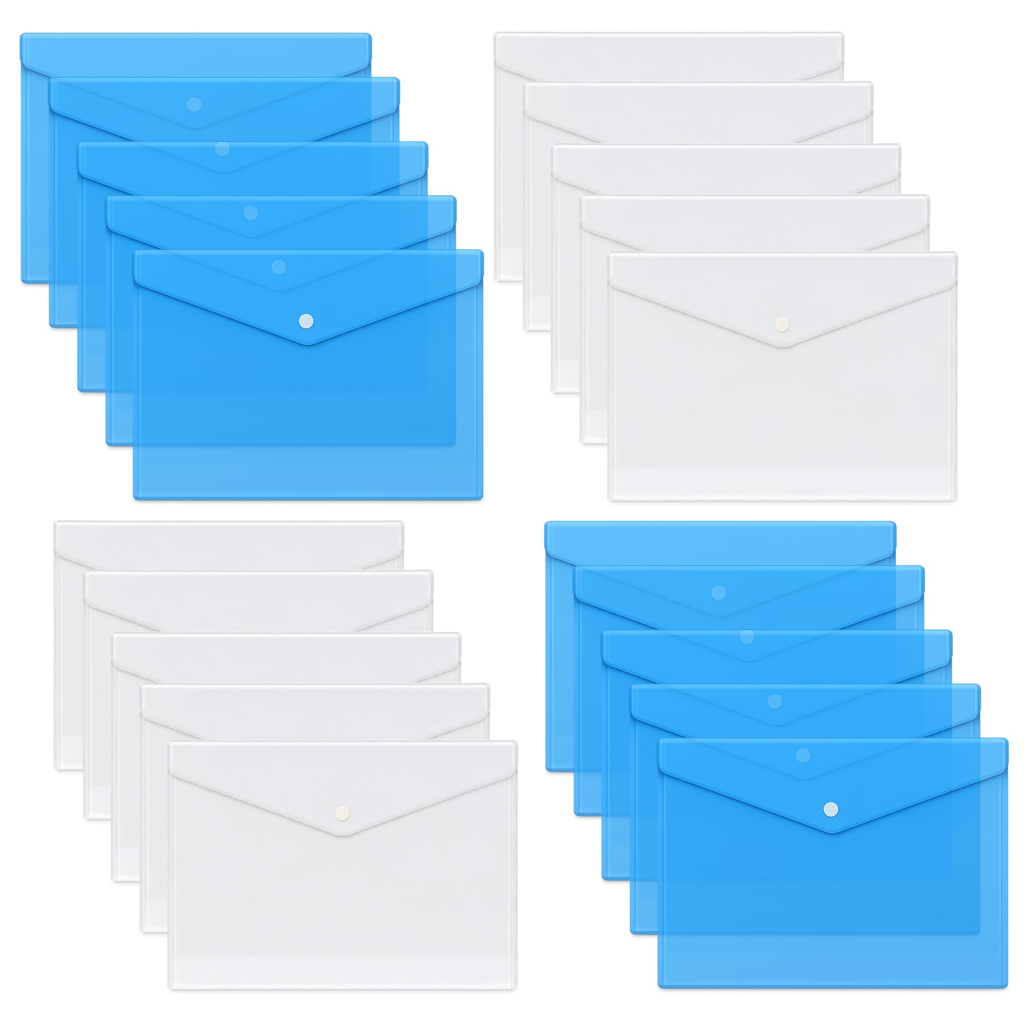 Pack of 20 White & Blue A3 Popper Wallets for Document Storage Durable Transparent Plastic Wallets with Closure Button Ideal for Office School Home and Organization Use