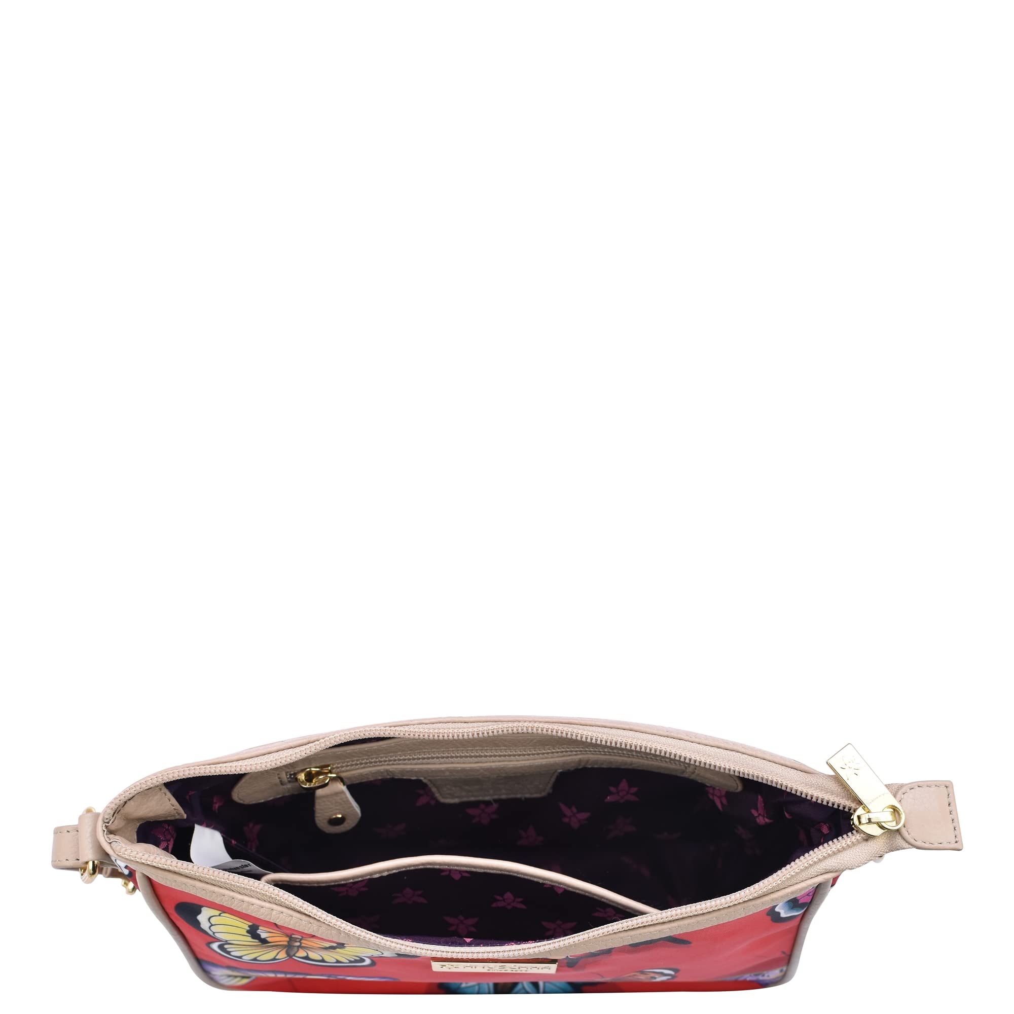 Anuschka East/West Hobo - Wanderlust Collection - Nylon Fabric with Genuine Leather Trim and Artwork Print - Butterfly Heaven Ruby 1
