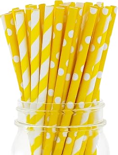 Party On Tap Yellow Straws - 50 Pack Of Lemonade Stand Supplies Or Lemonade Party Decorations - Yellow And White Straws