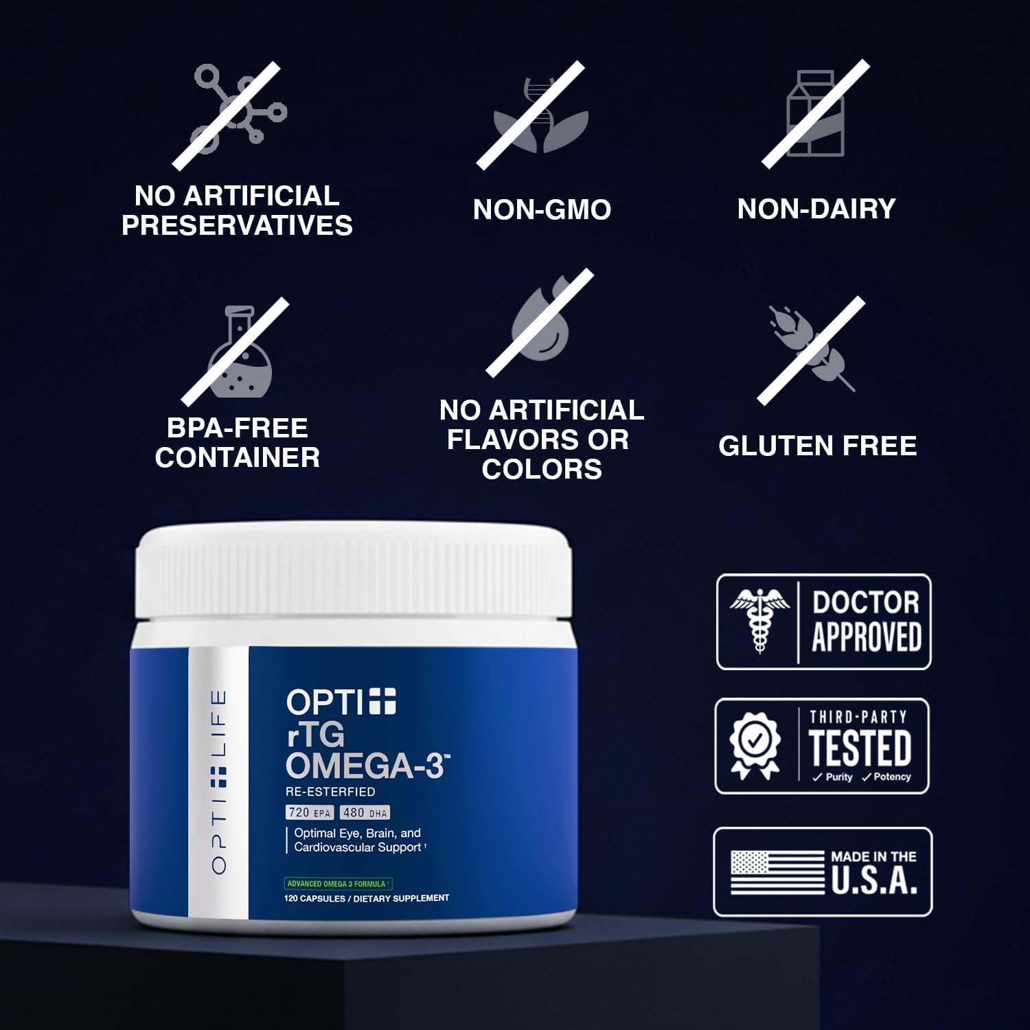 Opti + rTG Omega-3 Supplements | Heart, Immune, Brain and Eye Health Supplements for Adults | Daily Use Omega 3 DHA EPA Capsules | 120 Softgels/ 60 Servings