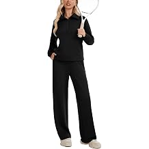 Sixstar Women 2 Piece Set Sweatsuits Lounge Fall Outfits | Quarter Zip Pullover Wide Leg Pants Pockets Matching Set,Casual Travel Fashion Airport Vacation Clothing