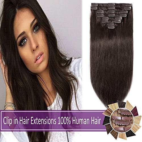 10”-24”Remy Clip in Hair Extensions Human Hair 70g-120g Long/Short Length 8 Pcs 18 Clips Full Straight Human Hair Extensions Soft Silky (10" #2 Dark Brown 70g)