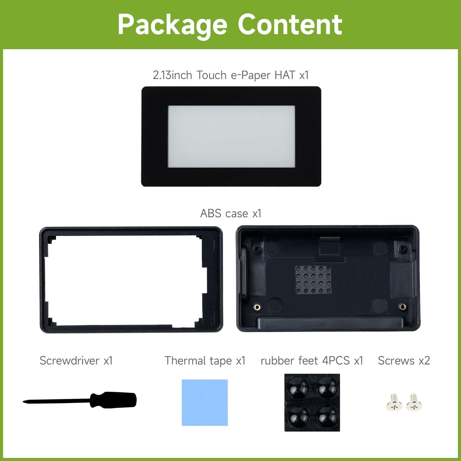 Contents of the Waveshare 2.13inch Touch E-Paper HAT package, including the display, ABS case, screwdriver, thermal tape, rubber feet, and screws.