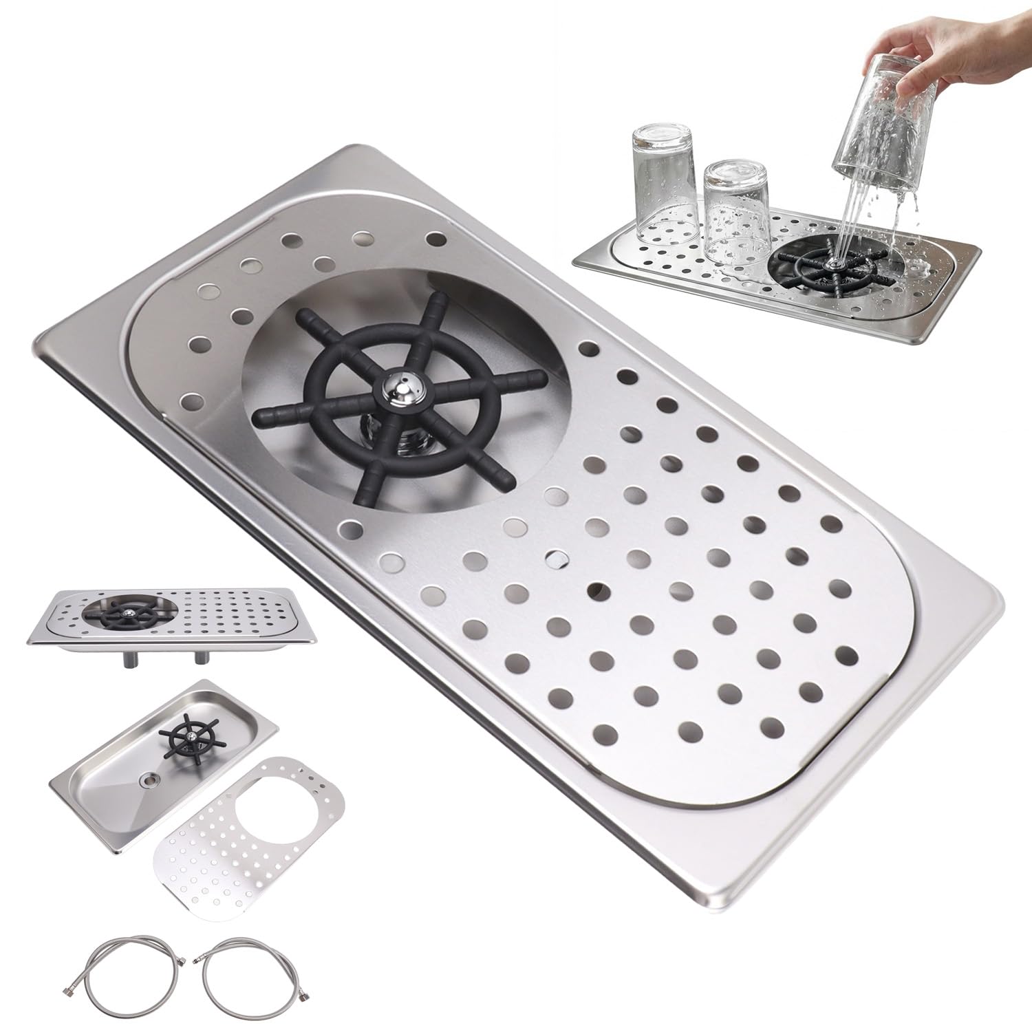 Fregadero de Barra con Enjuagador de Vidrio, Jarra de Acero Inoxidable Enjuagador de Taza Lavador de Vidrio Enjuagador de Limpieza de Vidrio Lavado a Alta Presión con Bandeja de (Acero Inoxidable