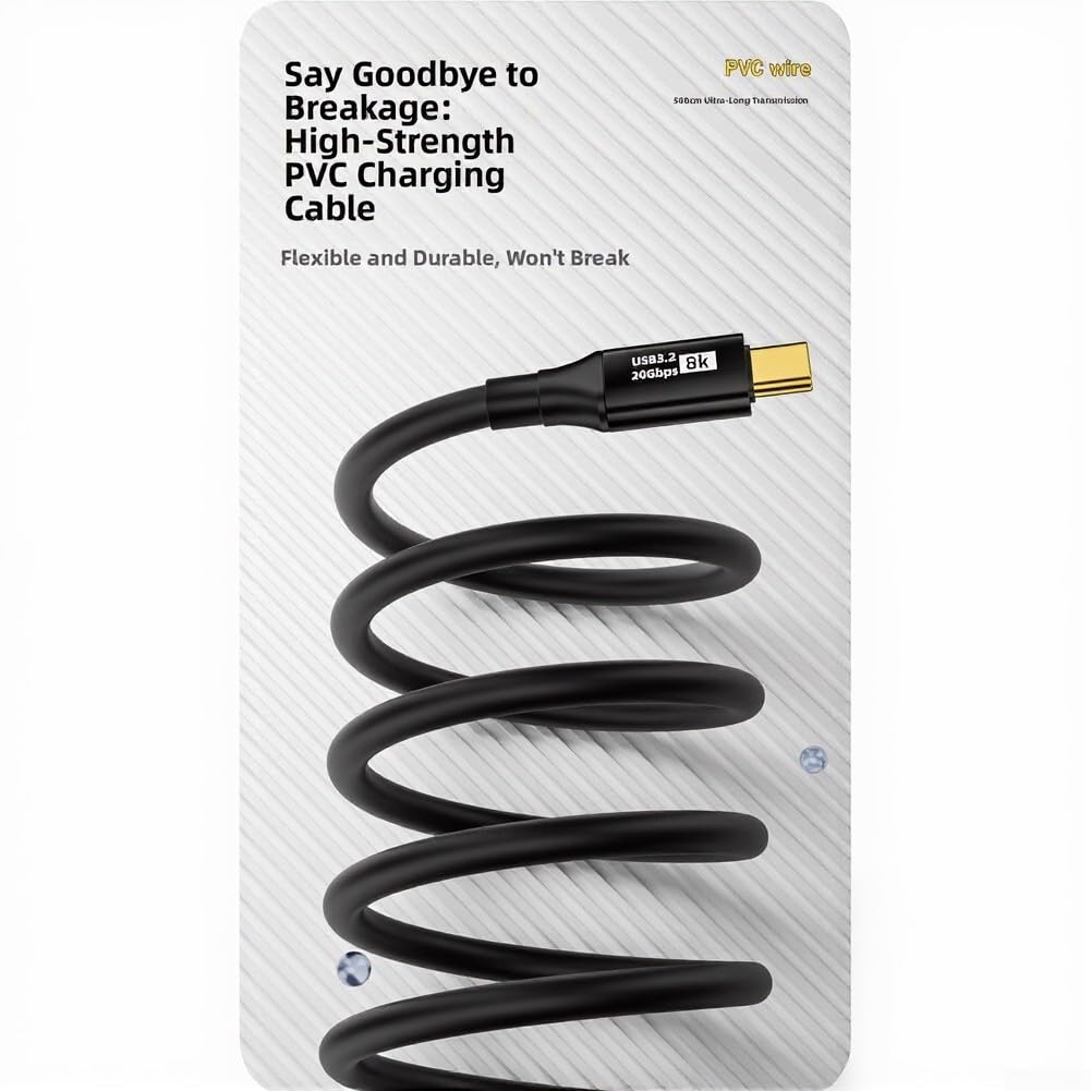 Cavo di ricarica USB C in nylon, 5 m, robusto per telefono cellulare (5 m (due pezzi)) | Ricarica rapida da 100 W, trasferimento dati da 20 Gbps, portata di 5 m, materiale in PVC, nero