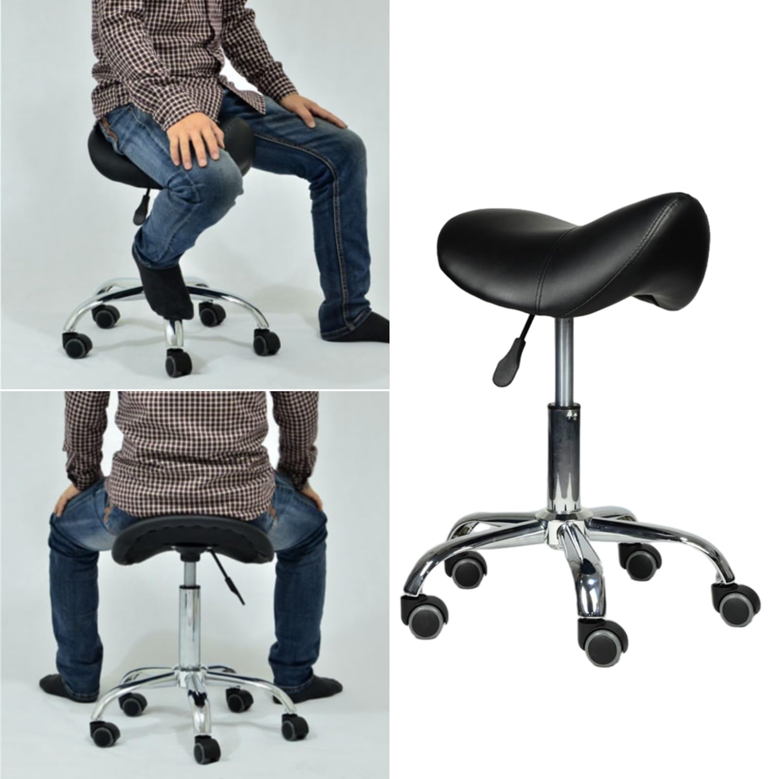 Taboret zabiegowy, (ergonomiczny stołek siodłowy do siedzącego trybu życia, czarne krzesło biurowe z kółkami, krzesło do salonu dla higienistki stomatologicznej/estetyki (kolor: 43-55 cm (17