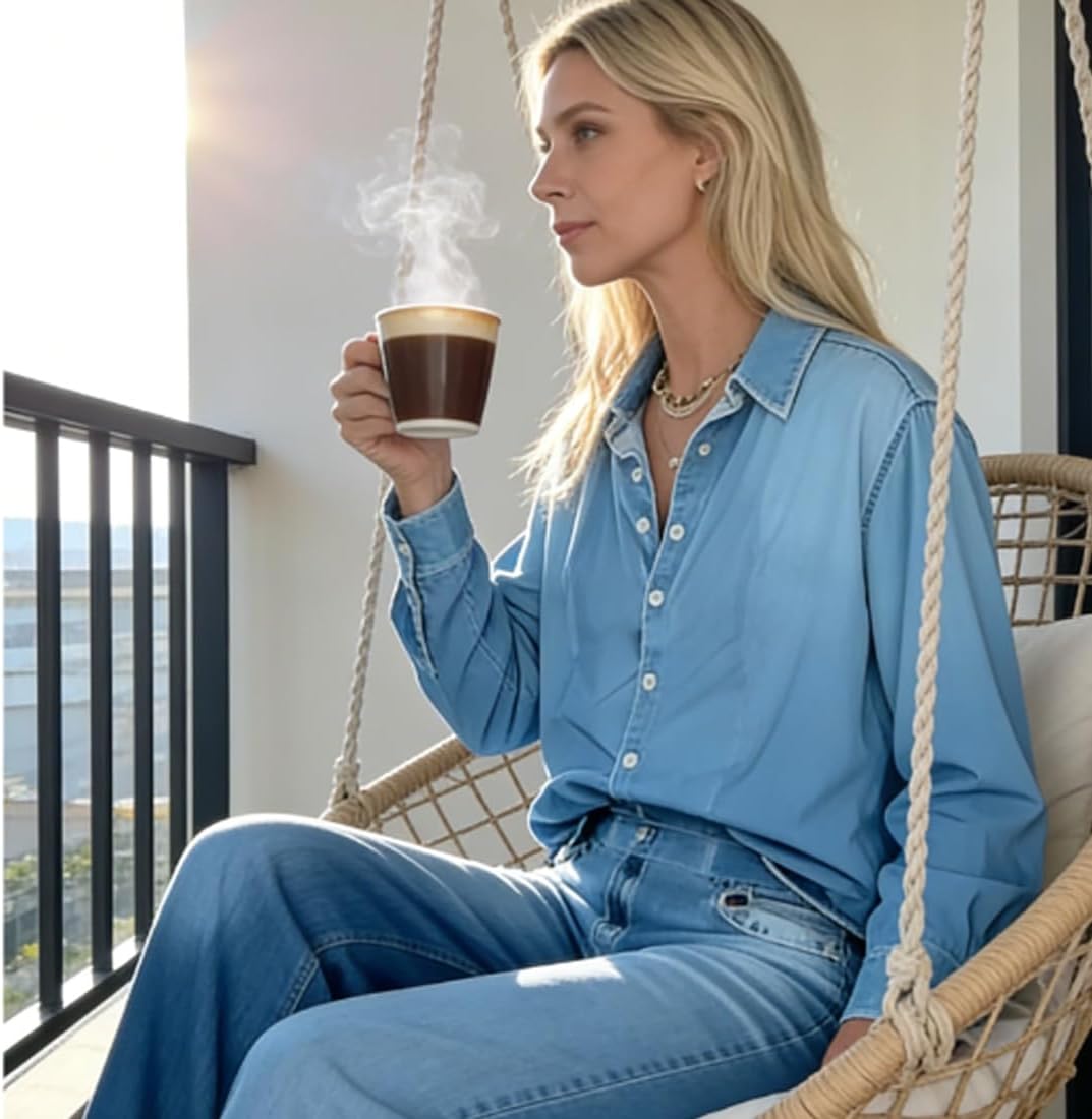 Women’s Denim Pajama Set Lounge Wear with Wide-Leg Jean Pants & Cozy Button-Down Top Relaxed Soft Stretch Sleepwear - Image 3