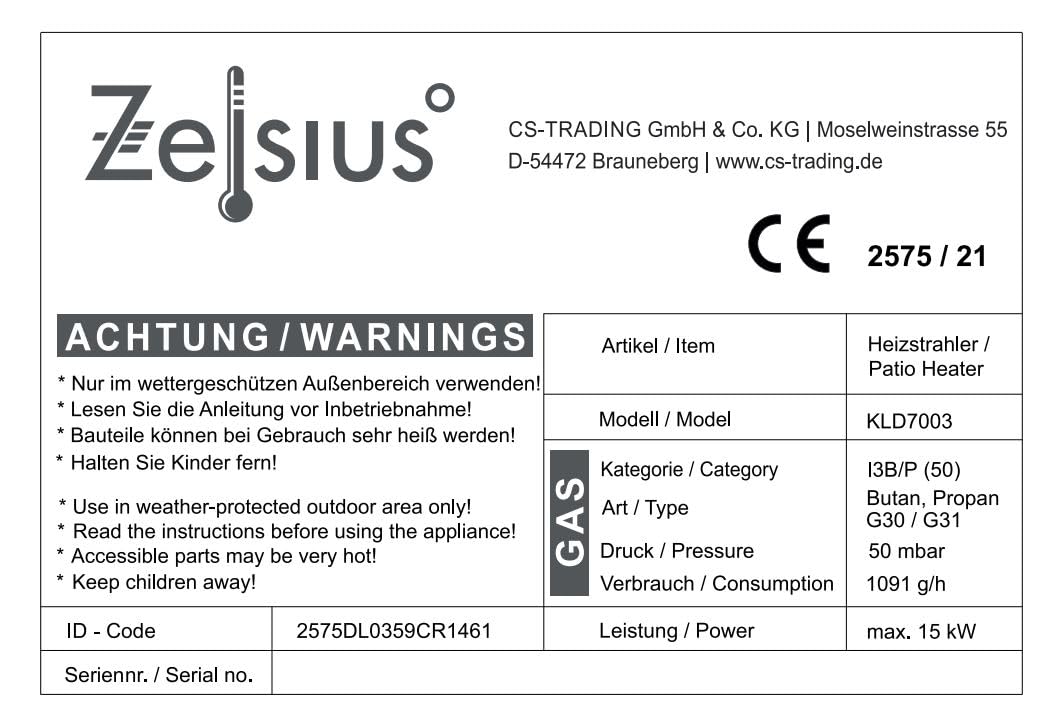 Zelsius Heizstrahler mit Glasröhre Davos 15 kW Schwarz | Ø 57 x (H) 174 cm | Spiralflammen-Heizstrahler, Terrassenheizstrahler, Heizpilz, Feuersäule Outdoor, Gasheizstrahler, Terrassenstrahler Gas