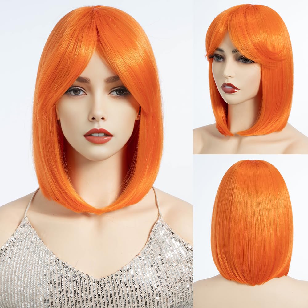 DÉBUT Straight Bob Hair Orange Wig with Fringe for Women Heat Resistant Synthetic Glueless Lace Wigs with Bangs for Daily Party Cosplay Wear(10 inches