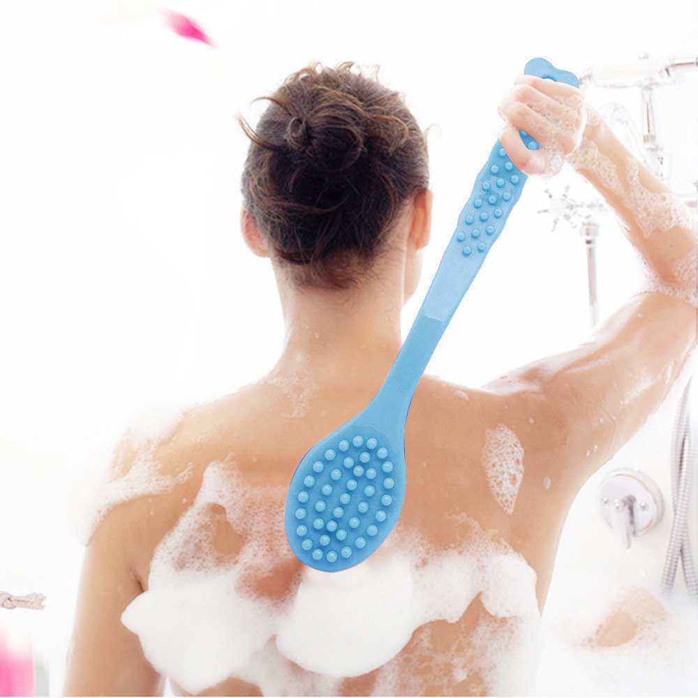 QiCheng&LYS Cepillo de baño con mango largo, cepillo de masaje corporal de mano para ducha y espalda, 14 pulgadas (azul)