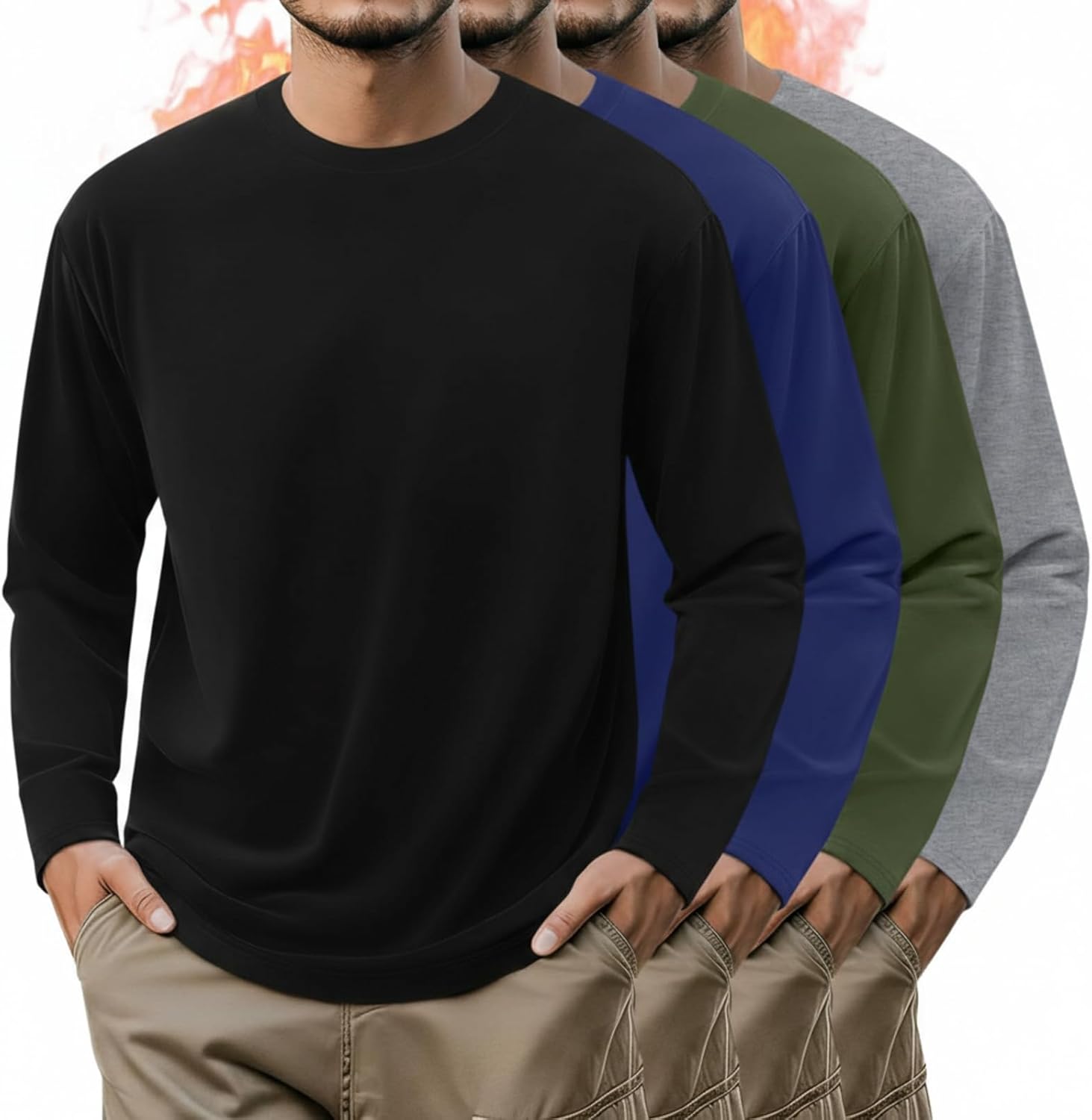 4 Pack Mens Long Sleeve Shirts Crew Neck Thermal T-Shirt Thick Comfortable Sweatshirt Casual Pullover Basic Tops