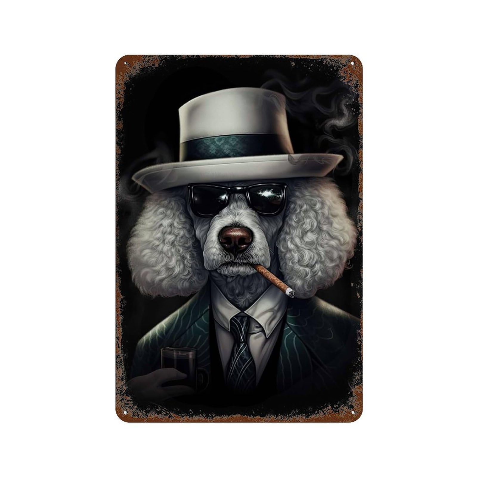 Poodle Dog Gangster Suit Rust Effect Tin Sign 11.8"x7.9", for Bistro, Counter And Cafe Decor, Decorative Metal Wall Art