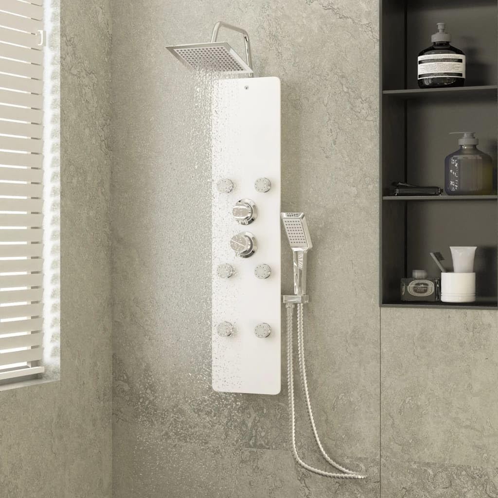Pannello doccia in vetro bianco, 25 x 47,5 x 130 cm, con doccia a pioggia, getti massaggianti, doccetta a mano in acciaio inox, per bagno, benessere, relax e facile retrofit