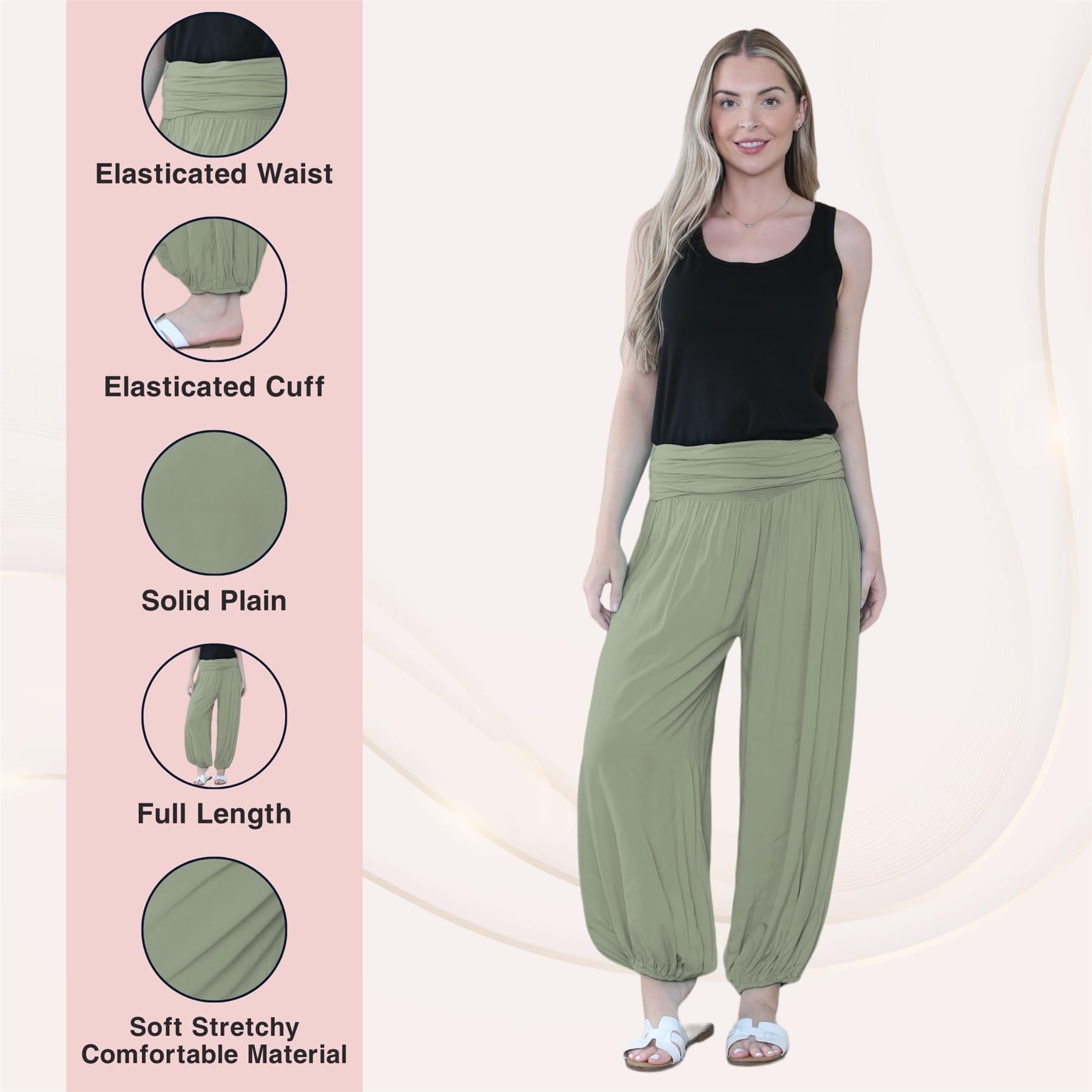 Pantaloni harem larghi da donna italiani Alibaba, comodi ed eleganti, vestibilità larga, pantaloni harem da donna UK | Pantaloni estivi perfetti per le donne UK, cachi, Taglia unica