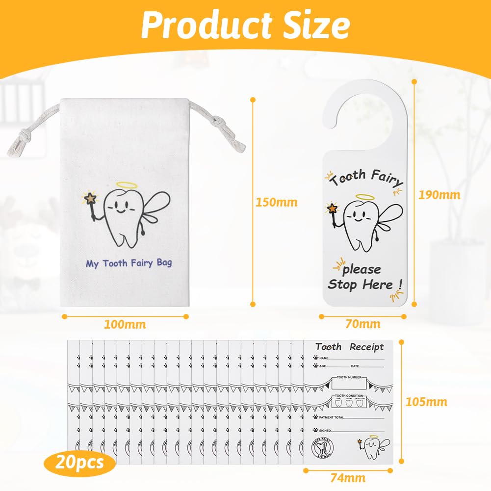 HOTUT Tooth Fairy Bag Set,Tooth Fairy Kit for Girls boys Includes 1 Tooth Fairy Bag,20 Tooth Fairy Certificates and 1 Tooth Fairy Door Hanger,Tooth Fairy Baby Teeth Keepsake,Perfect Tooth Fairy Gift - Image 2