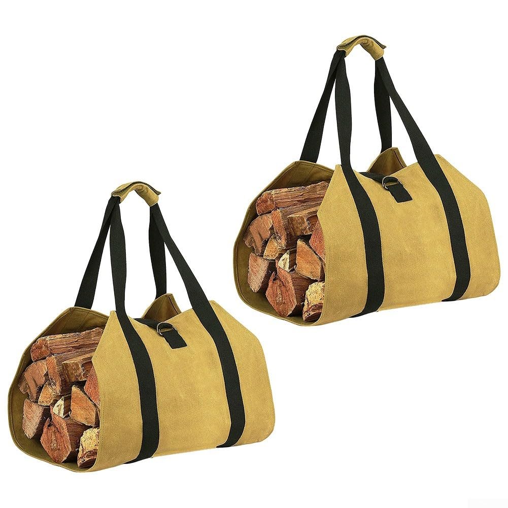 FUBESK Firewood Carrier Bag 2 Pack With Waterproof Waxed Canvas, Foldable Design And Strong Handles For Carrying Firewood, Garden Tools, And Supplies(earthy yellow)