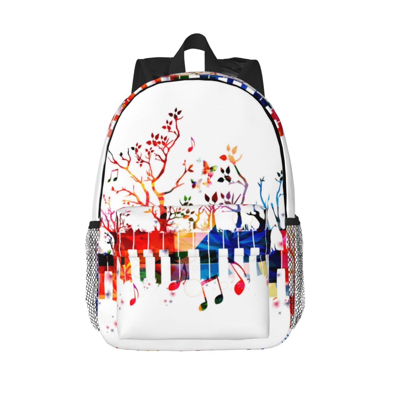 Zaino colorato con tastiera di pianoforte e note musicali, zaino leggero da viaggio casual