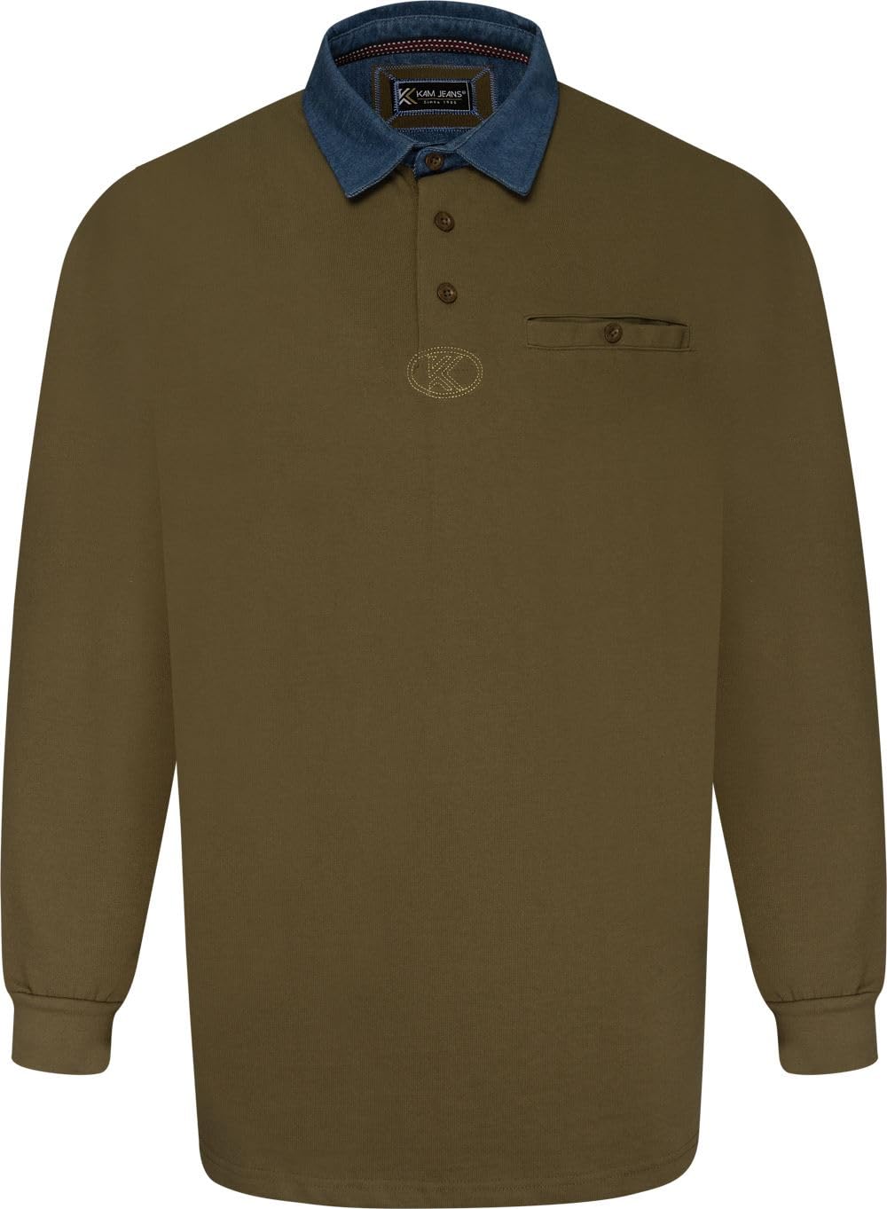 Kam Men's Green Jeanswear Long Sleeve Denim Collar Rugby Polo Shirt - 5XL