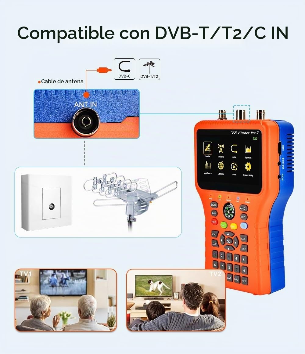 Medidor de Campo TDT, V8 Finder Pro2 - Medidor de señal satelital DVB-S2/T2/C, buscador de satélite digital HD con HEVC MPEG-4, receptor de TV satelital