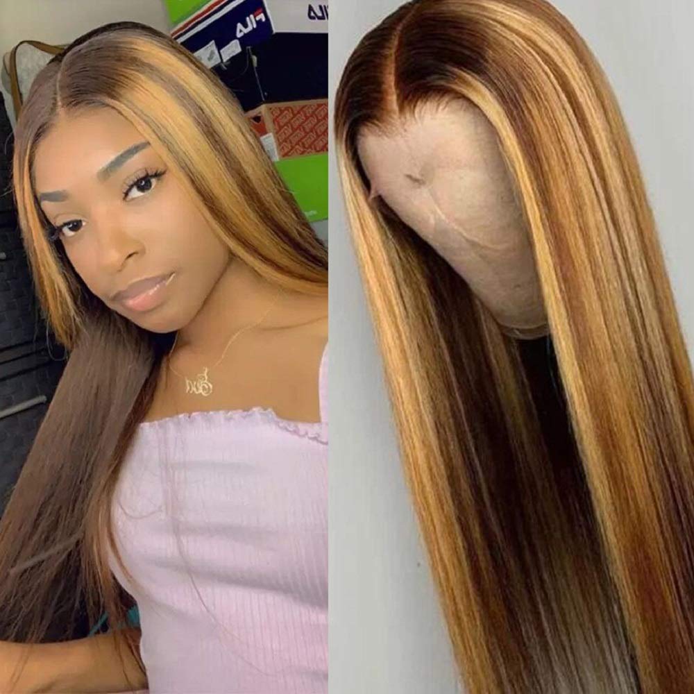 Brennas Hair T Part Lace Front Wig Human Hair Honey Blonde Wig Highlight 4#/27# Blonde Ombre Brazilian Remy Hair 13x4x1 T Part Lace Front Wigs Pre Plucked with Baby Hair 18 Inch 150% Density