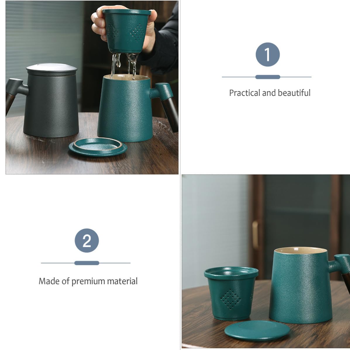 Taza de Té Infusor de Cerámica y Filtro, Capacidad 400ml, Diseño Mango de Madera, Adecuado para Oficina y Cafetería, Color Verde