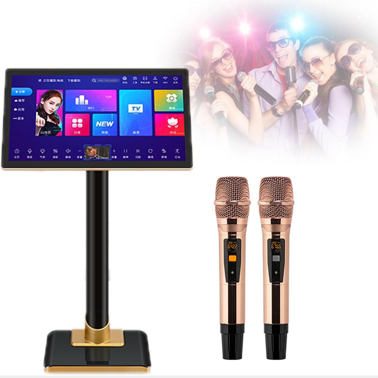 Karaoké portable, système professionnel de 19 pouces avec 2 microphones sans fil, 1,1 million de chansons téléchargeables dans le cloud et prise en charge multilingue, 20 langues disponibles, pour l