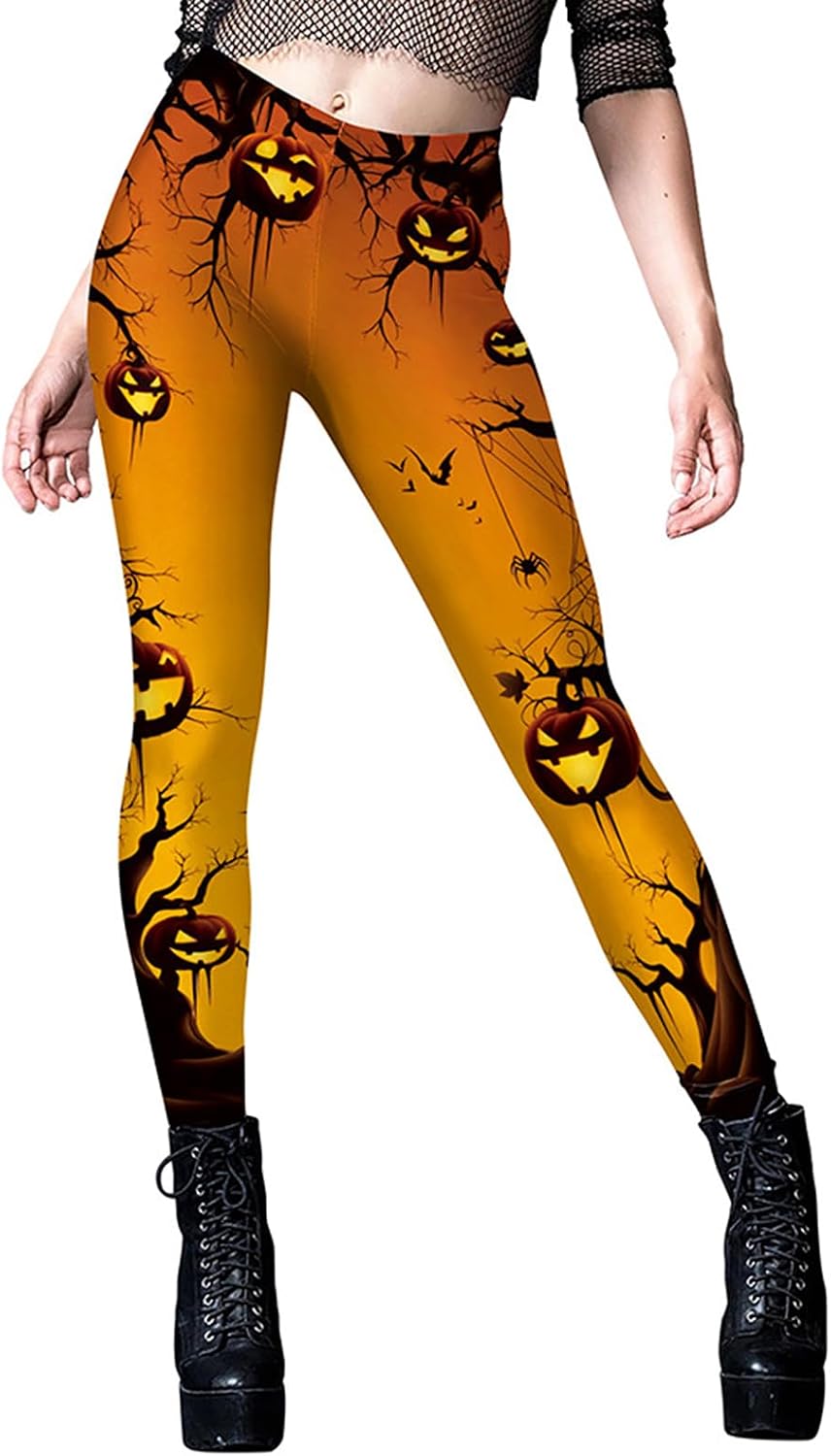 Aniler Women's Halloween Funny Printed Leggings Pumpkin Horror Print High Waisted Workout Sports Yoga Pants Tights Costume