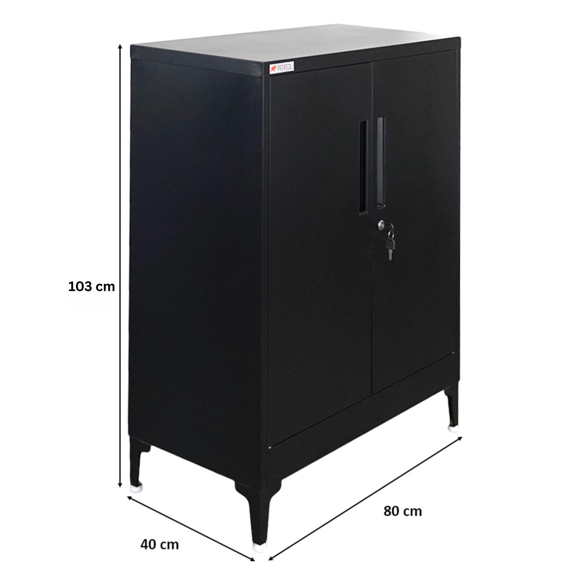 PROREGAL Aktenschrank Elephant abschließbar aus Metall mit Beinen & 2 Türen 80 cm breit 2 Ebenen Schwarz Mehrzweckschrank 103x80x40cm Büroschrank Metallschrank Aufbewahrungsschrank Ordnerschrank
