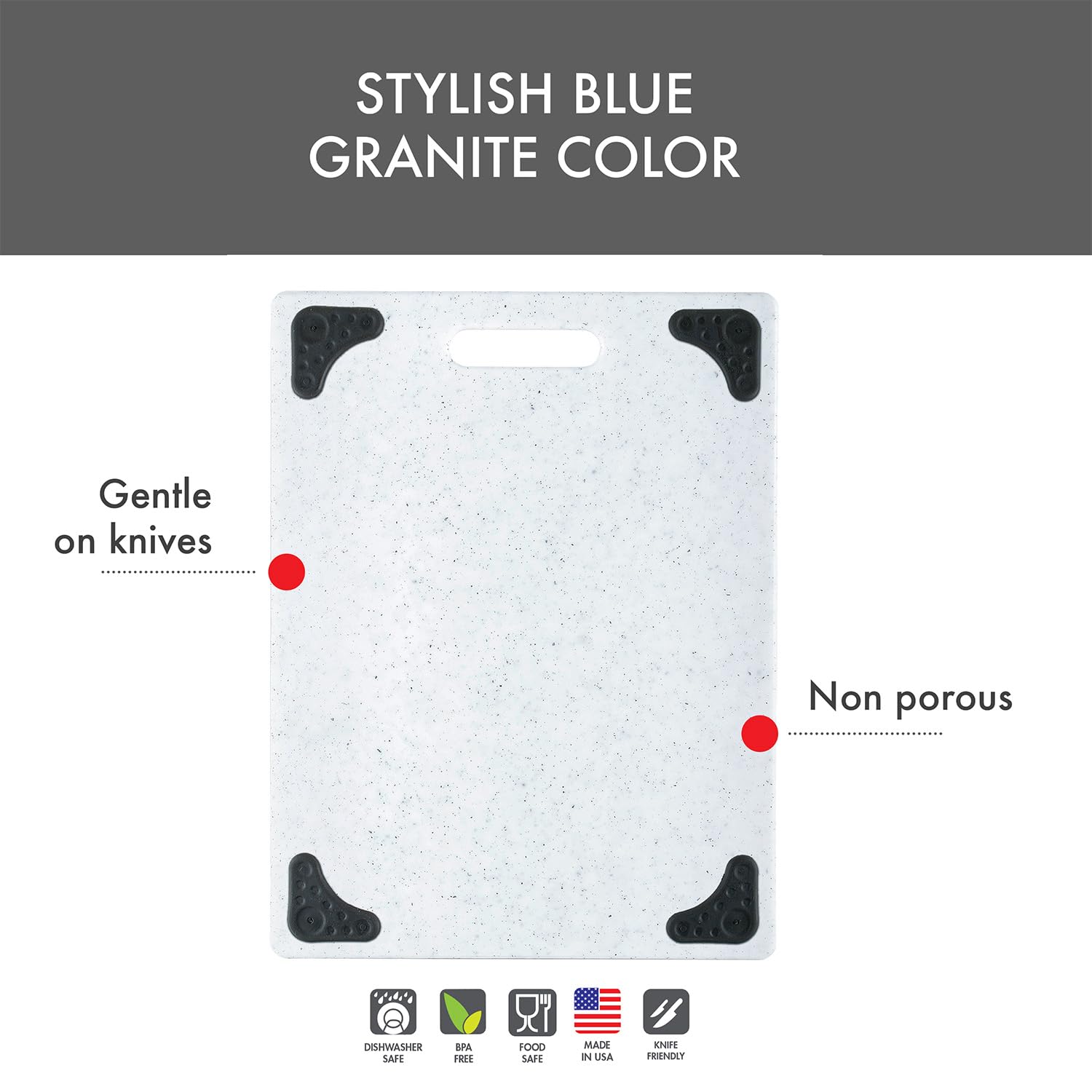 Dexas Superboard - Tabla de cortar con mango y patas antideslizantes, 28 x 36,8 cm, color granito claro con esquinas negras antideslizantes
