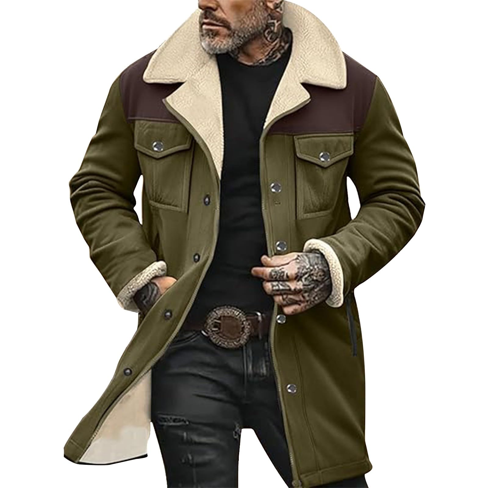 Chaqueta de forro polar grueso de ante para hombre, vintage, de invierno, cálida, de longitud media, abrigo acolchado con bolsillos, resistente al viento, de lana, bloque de color, manga larga,