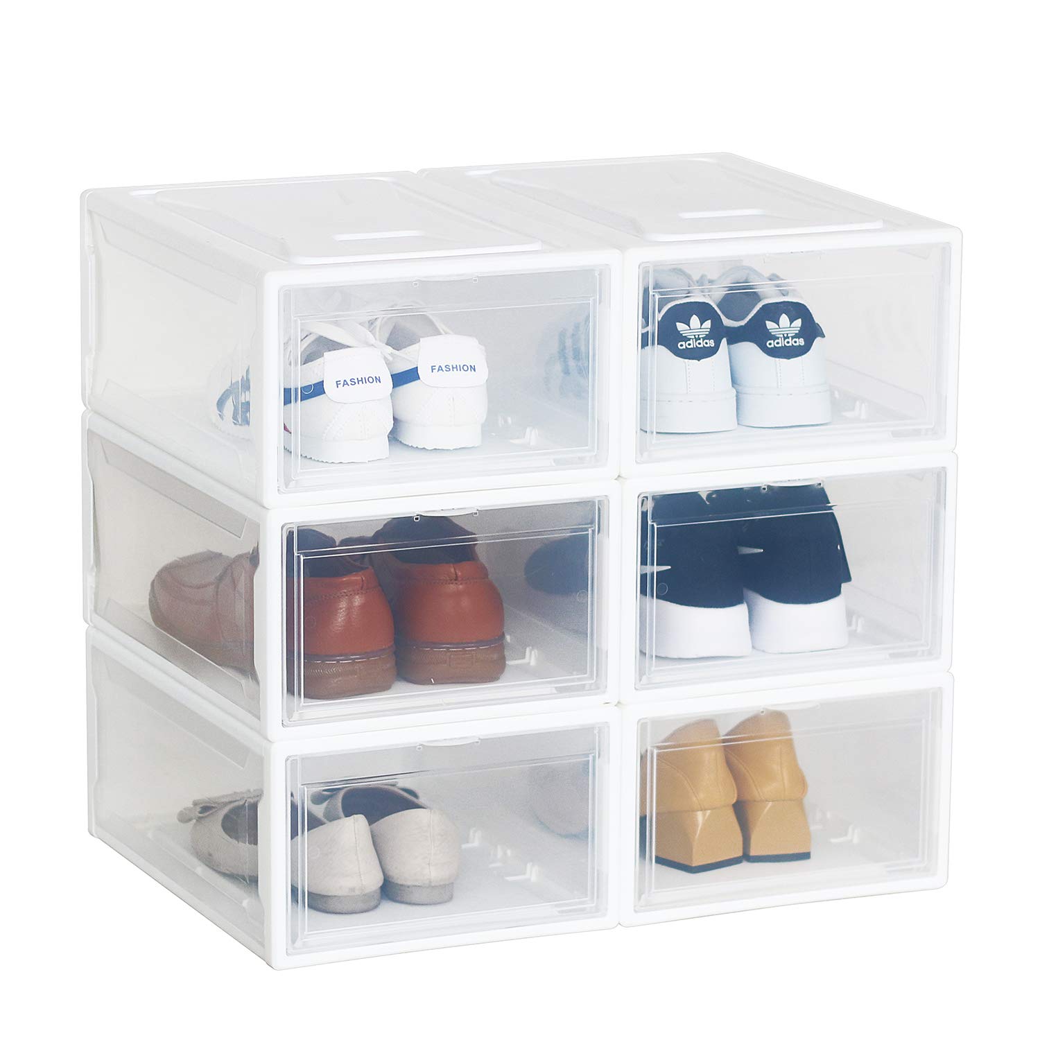 DHMAKER Shoe Storage Boxes, 6 Pack Shoe Organizer Storage Bins, Plastic Stackable Shoe Organizer for Closet, Space Saving Sneaker Shoe Box Rack Containers Bins Holders Case, White