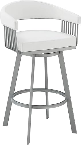 Armen Living Chelsea Taburete giratorio de 25 pulgadas de altura de mostrador en acabado plateado y piel sintética blanca