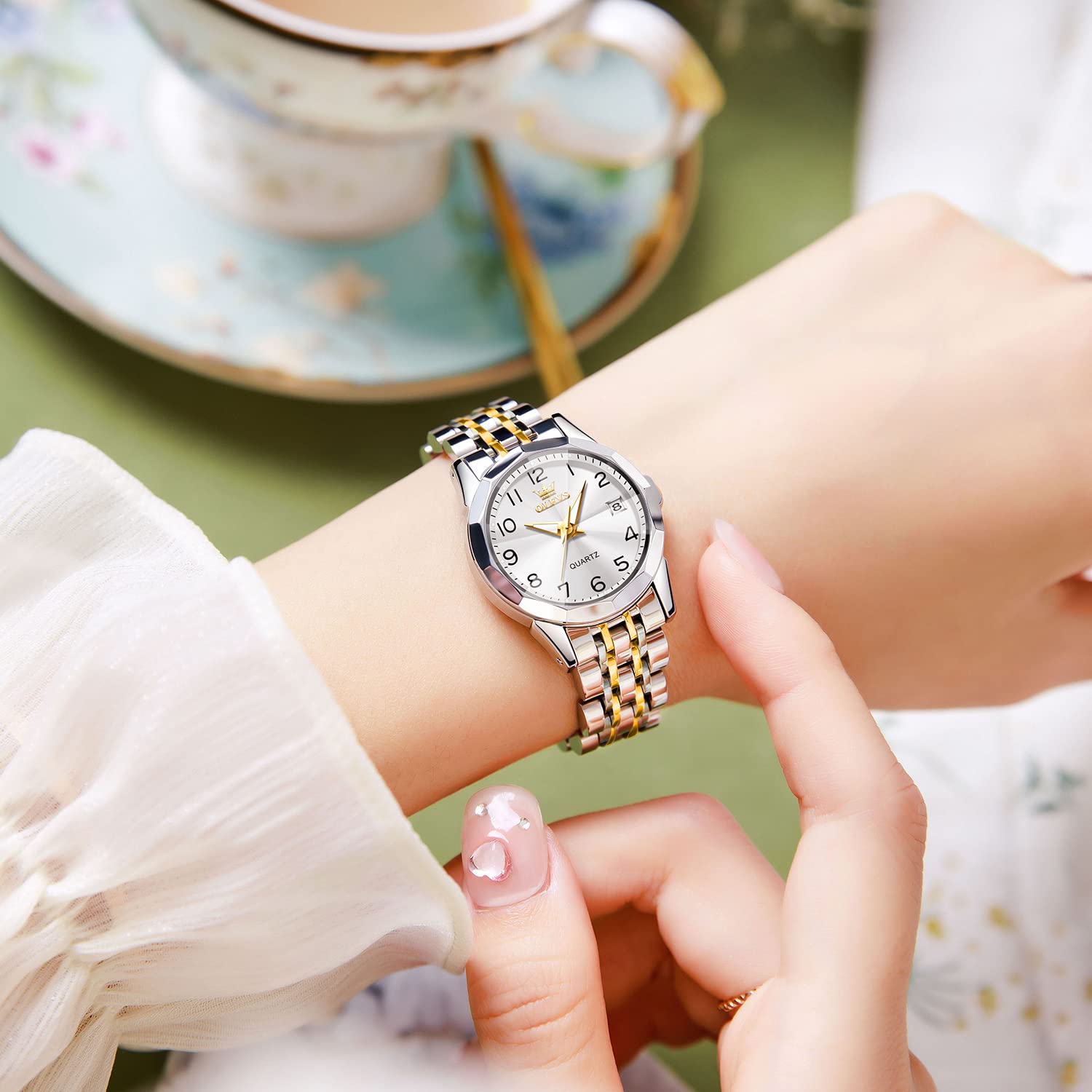 OLEVS Reloj de Pulsera para Mujer, con Diamantes de imitación, analógico, de Cuarzo, Acero Inoxidable, Impermeable, Luminoso, día, Fecha, Dos Tonos