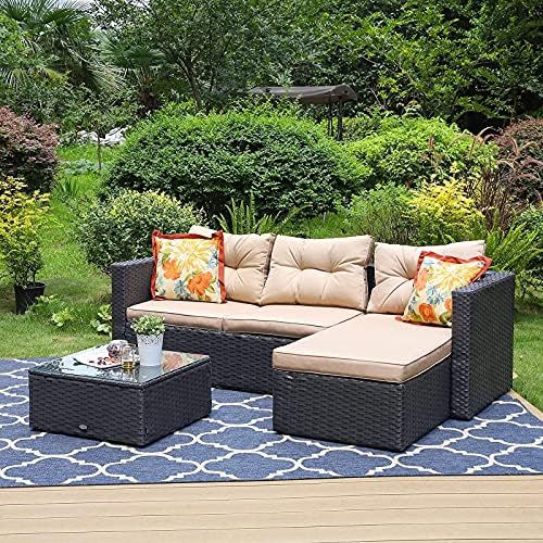 PHI VILLA Patio Sectional Wicker Rattan Small L-Shaped Outdoor Furniture  Sofa Set Clearance with Upgrade Rattan (3 Piece,Beige)