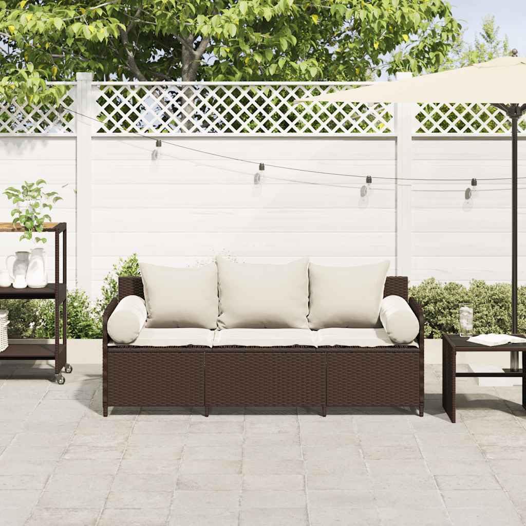 Divano da Giardino 3 Posti in Polyrattan con Cuscini Marrone | Panchina da esterno 170x67x65 cm per terrazzo e patio, dotata di telaio in acciaio e cuscini sfoderabili.