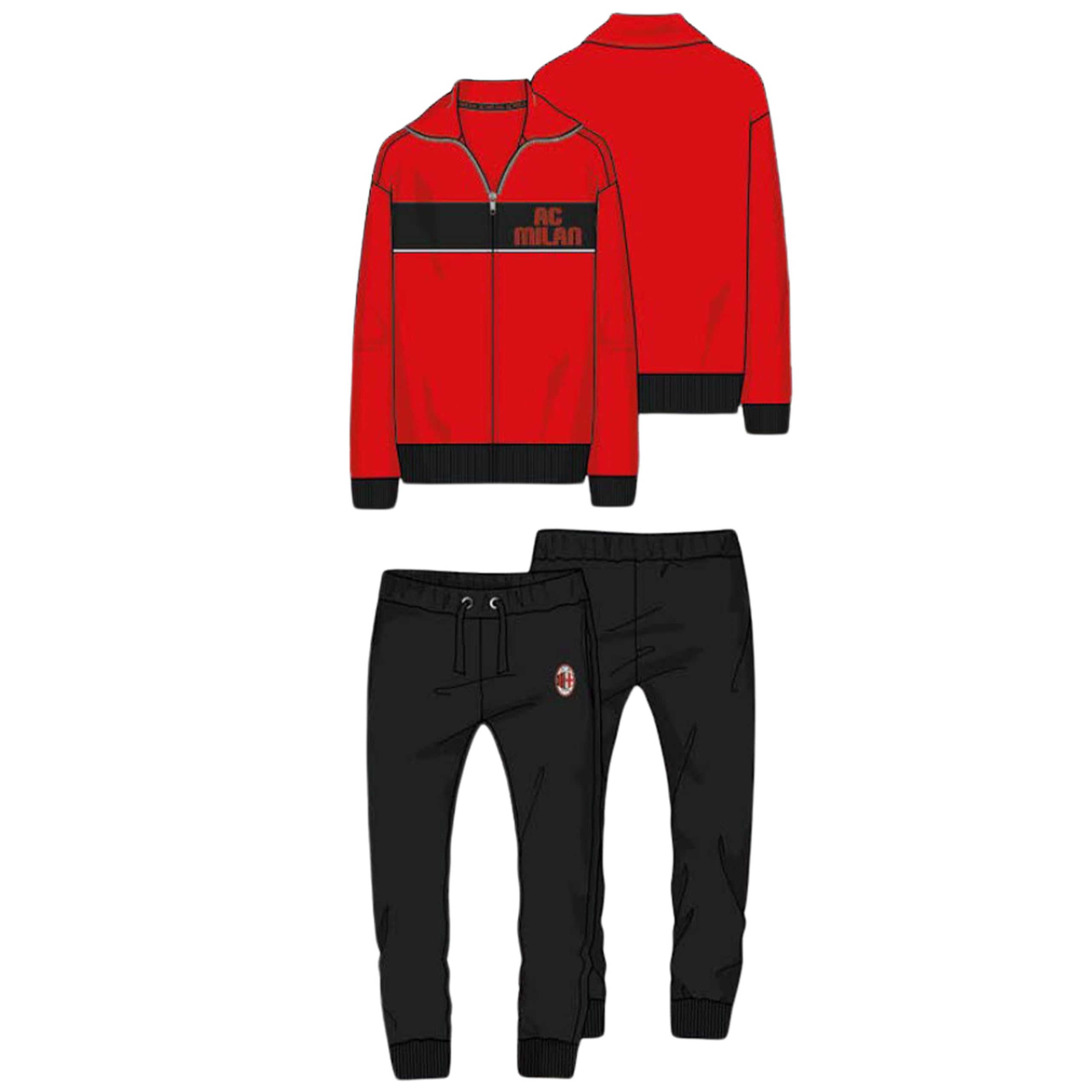 hermet Pigiama Milan Rosso Nero Ragazzo Uomo Ufficiale Homewear Felpa con Zip e Pantalone Lungo 2025 Tuta Cotone (IT, Testo, S, Regular, Rosso)