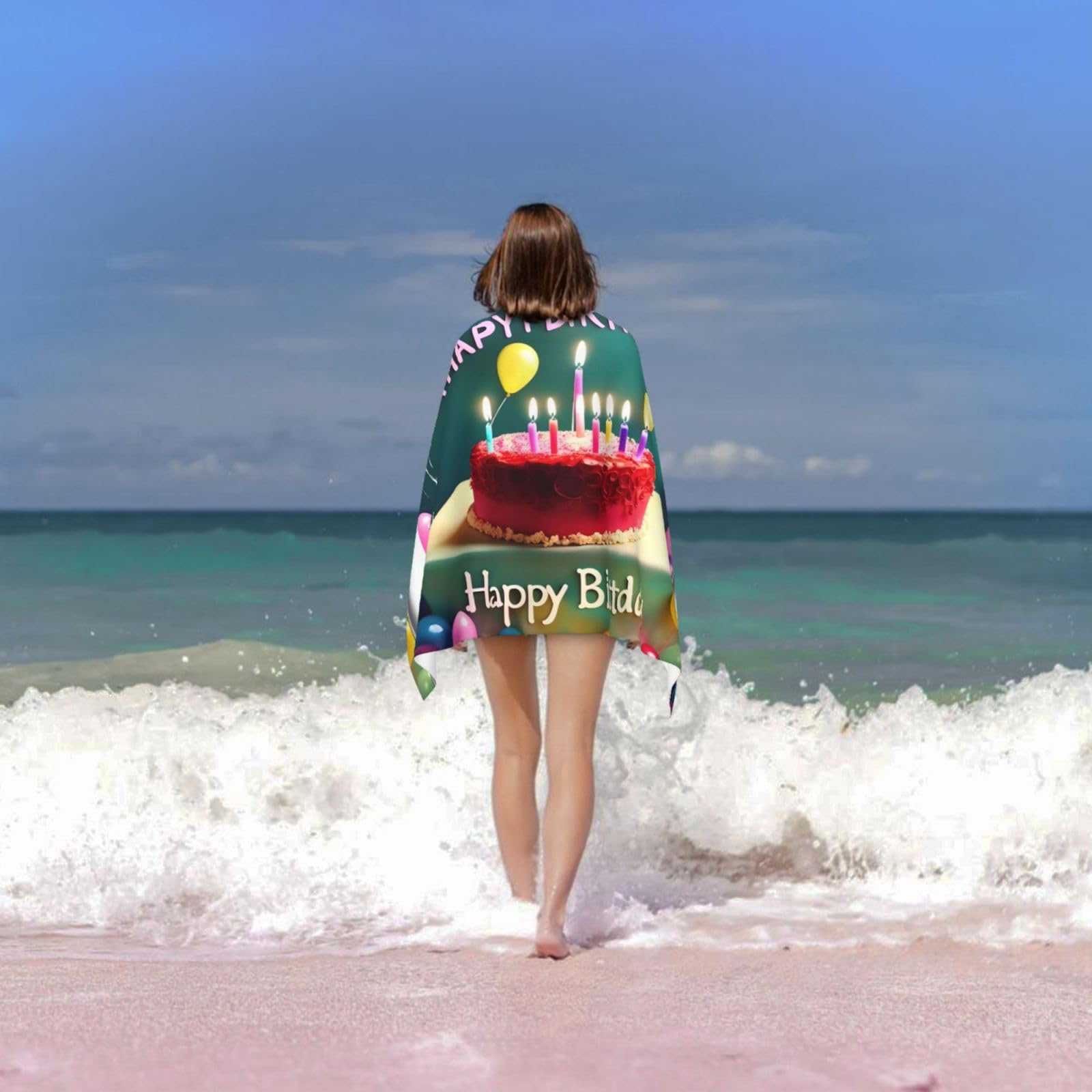 Toalla de baño con texto en inglés "Happy Birthday". Toalla de baño estampada, para mujer, microfibra de secado rápido, 100% poliéster, toalla de viaje, playa y piscina.