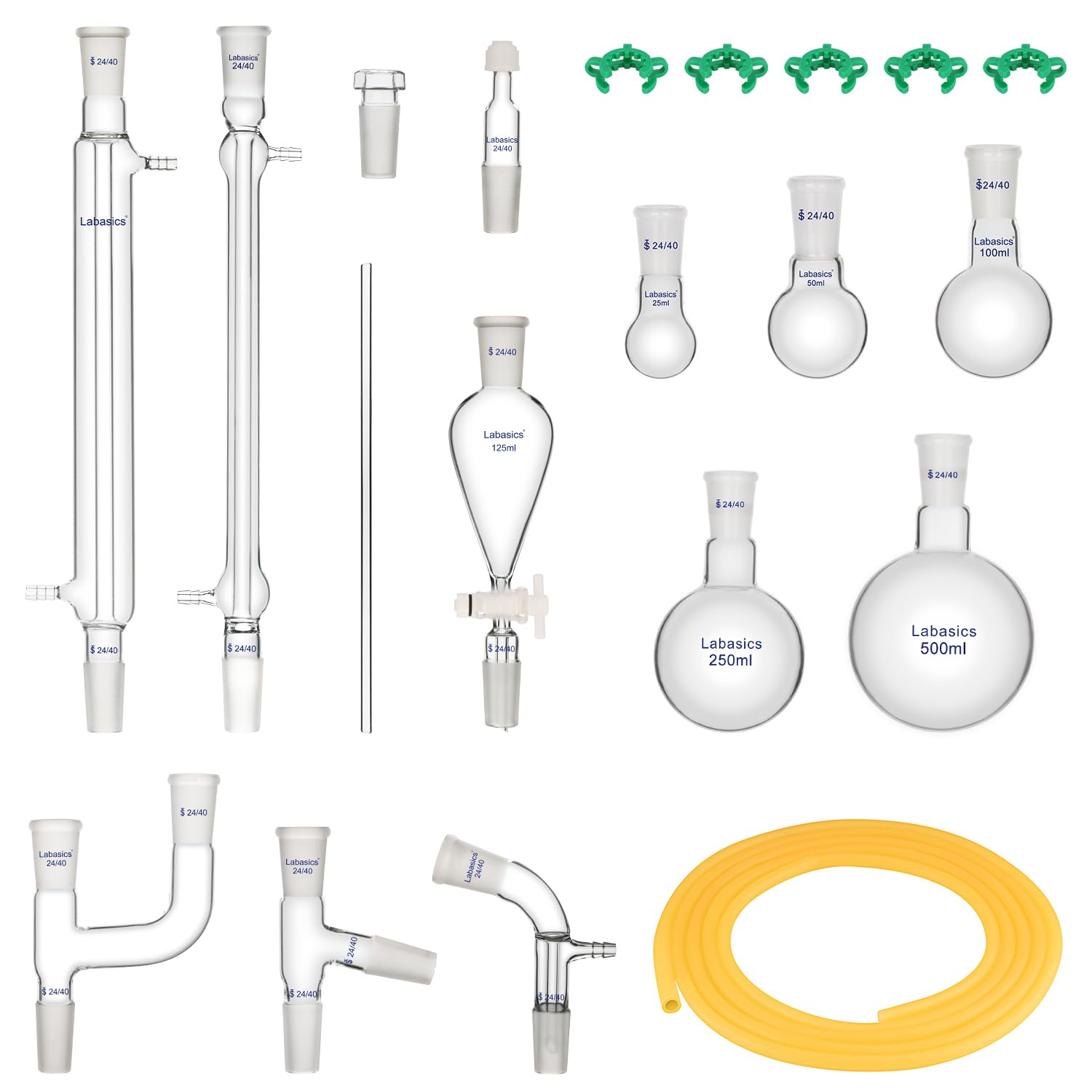 Labasics Kit de Destilación de 500 ml, Aparato de Destilación de Vidrio de Borosilicato para Extracción, 24/40, Material de Laboratorio