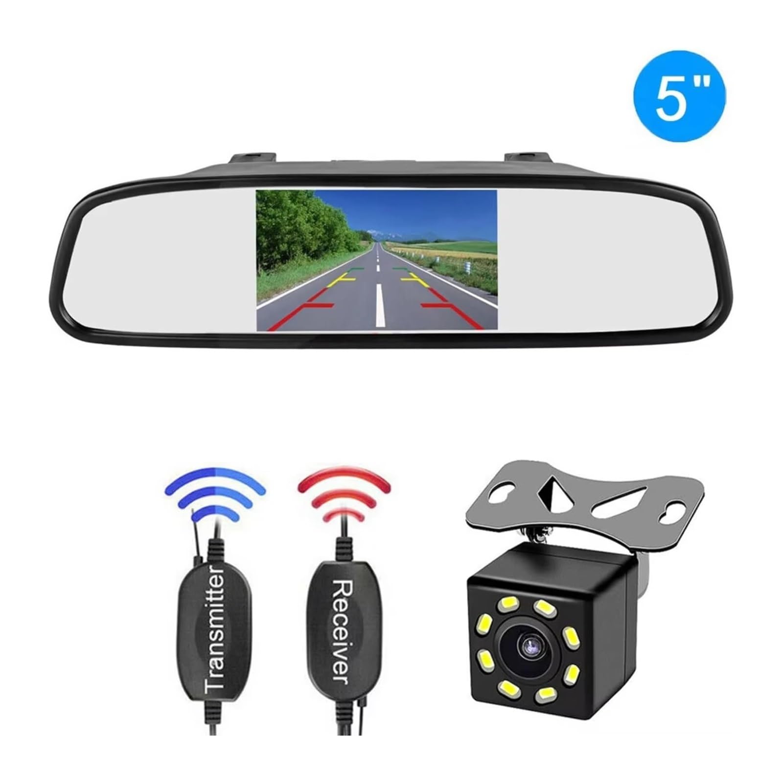 Monitor De Espejo Inalámbrico 5 Pulgadas + Kit Respaldo para Automóvil Cámara Visión Trasera Nocturna Cámara de Respaldo(Monitor and Camera)