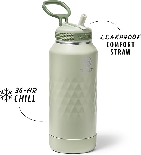 Miniatura 2 de Takeya Botella de agua deportiva de acero inoxidable con triple aislamiento, tapa con popote, a prueba de fugas, resistente al sudor, sin BPA,