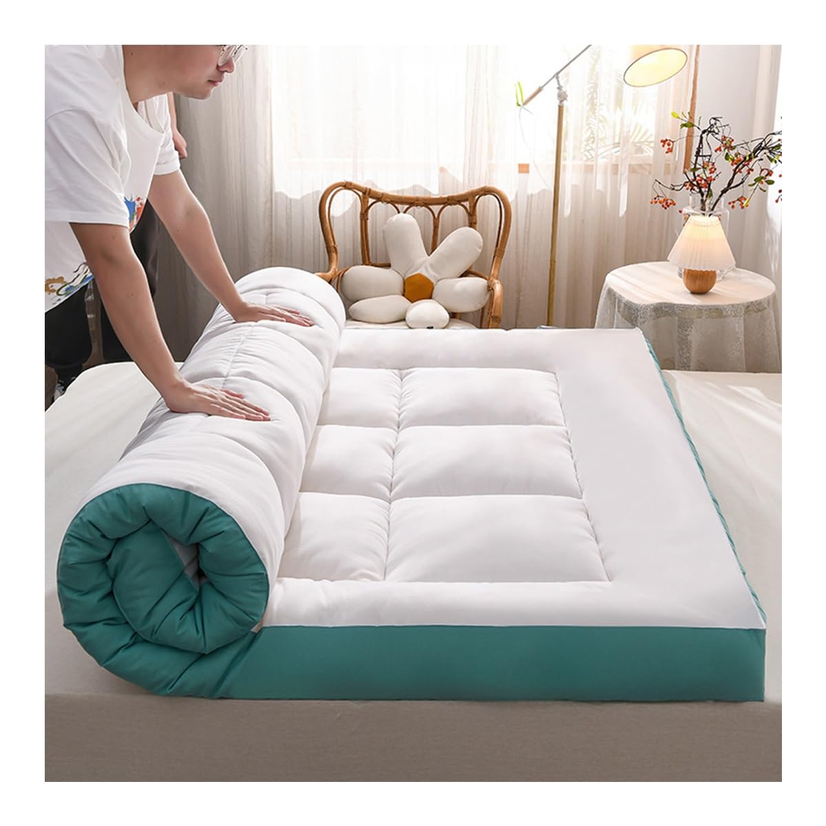 Cubrecolchón extra grueso tamaño King de 180 x 200 cm, fibra de soja natural, transpirable, color verde suave, máxima comodidad para una experiencia de sueño reparadora