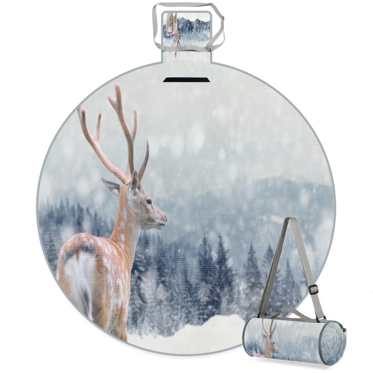 Shimoshe Winter Deer Picnic Outdoor Blanket Foldable Waterproof Sandproof Beach Blanket Portable Water-Resistant Round Picnic Mat for Travel Camping Park Lawn