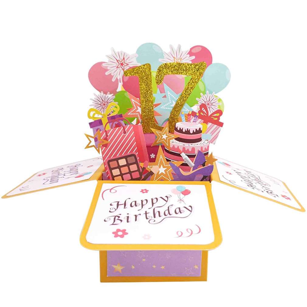 Happy 17th Birthday 17th Birthday Pop Up Card for Girls, 17 Year Old Birthday Gift Idea for Daughter Niece, Funny 17th Birthday 3D Greeting Card for Her